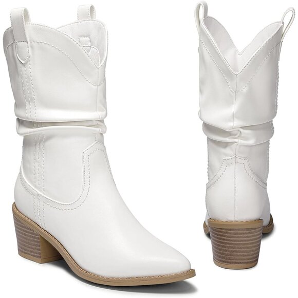 Women's White Cowgirl Boots Mid Calf Chunky Heel Slouchy & Pull-on Ankle Booties - Picture 5 of 8